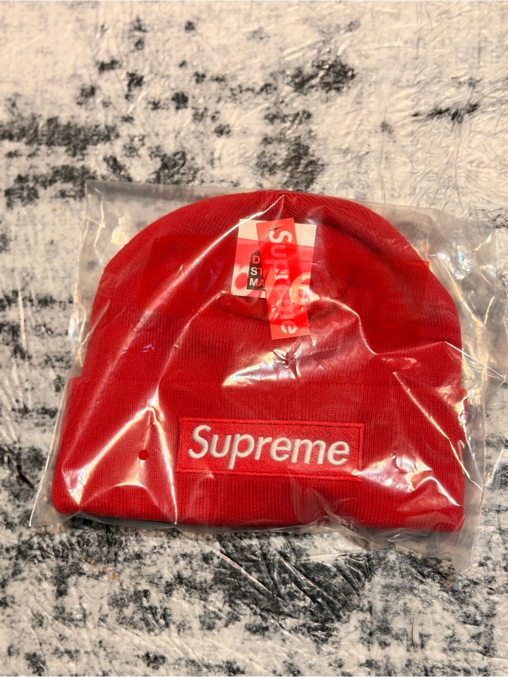 Supreme Red Knit Beanie with White Logo Patch